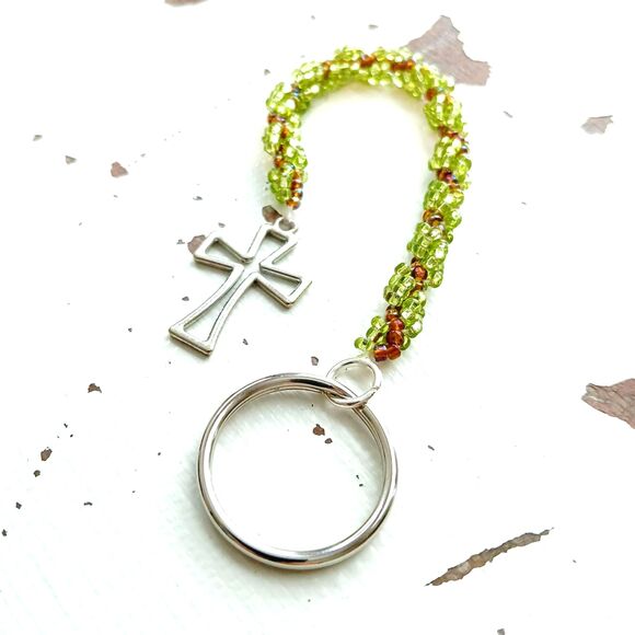 Beaded Cross Keychain, Seed Bead, Green & Brown, 7" - Picture 2 of 5
